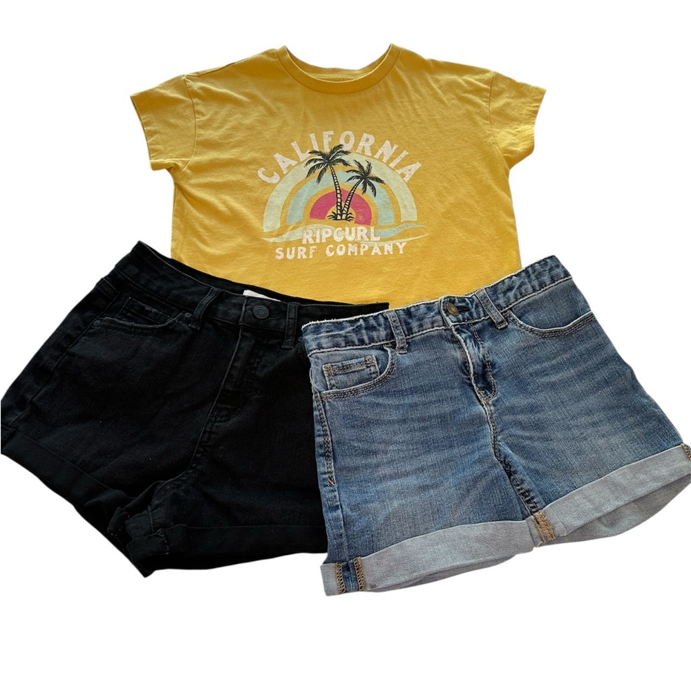Rip Curl Short Sleeve Tee RSQ Black Denim Shorts GAP Jean shorts Girls Size 10